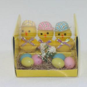 6cm Pom pom chick 3pc with hat and small egg 6pc
