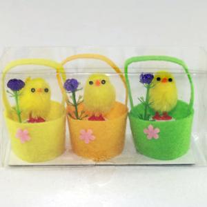 Chenille chick in felt basket with flower color asst. 3pk