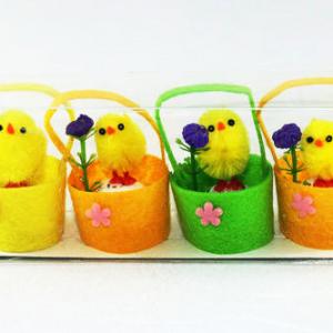 Chenille chick in felt basket with flower color asst. 4pk