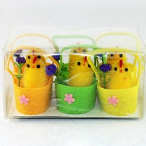 Easter chick with flower in 6cm basket color asst. 6pk