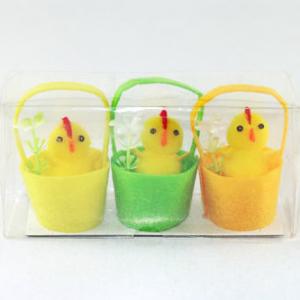 Pom pom chick with flower in 6cm basket color asst. 3pk